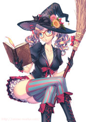Rule 34 | 1girl, :o, black cat, black gloves, blue eyes, book, boots, breasts, broom, brown hair, cat, cleavage, crossed legs, glasses, gloves, hat, highres, legs, lining, midriff, nishimura eri, original, patterned legwear, red-framed eyewear, socks, striped clothes, striped thighhighs, thighhighs, twintails, vertical-striped clothes, vertical-striped thighhighs, witch hat