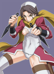 Rule 34 | 00s, 1girl, blood, breasts, brown eyes, brown hair, code geass, kunai, large breasts, misnon the great, scarf, shinozaki sayoko, short hair, solo, thighhighs, torn clothes, weapon