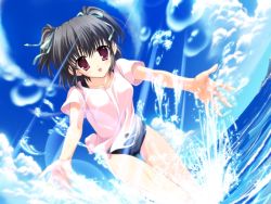 Rule 34 | 1girl, black hair, clear (visual novel), game cg, mitha, no pants, non-web source, one-piece swimsuit, red eyes, school swimsuit, shirt, short hair, solo, splashing, swimsuit, swimsuit under clothes, t-shirt, twintails, water, yukino natsuki