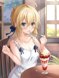 Rule 34 | 1girl, absurdres, ahoge, alternate costume, arm up, artoria pendragon (all), artoria pendragon (fate), bad anatomy, bad id, bad twitter id, bare arms, bare shoulders, blonde hair, blue ribbon, blush, braid, breasts, chair, cleavage, collarbone, day, dress, fate/stay night, fate (series), food, fruit, green eyes, hair ribbon, harimoji, highres, holding, holding spoon, ice, indoors, medium breasts, ribbon, saber (fate), short hair, sitting, smile, solo, spoon, strawberry, table, white dress