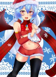 Rule 34 | 1girl, absurdres, bad id, bad pixiv id, bat wings, black thighhighs, blue background, bow, bowtie, bra, breasts, brooch, cleavage, fang, fujimori tonkatsu, hair between eyes, hat, highres, jewelry, looking at viewer, navel, red bow, red bowtie, red bra, red hat, red scarf, red shorts, remilia scarlet, sack, santa costume, santa hat, scarf, shorts, smile, snowflakes, solo, standing, thighhighs, touhou, underwear, wings