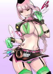Rule 34 | 1girl, bikini, black skirt, braid, breasts, closed mouth, condom, condom wrapper, cowboy shot, dytm, fate/grand order, fate (series), florence nightingale (fate), florence nightingale (trick or treatment) (fate), garter straps, gloves, green gloves, green thighhighs, hat, highres, large breasts, long hair, looking at viewer, miniskirt, navel, official alternate costume, pink hair, red eyes, short sleeves, shrug (clothing), side-tie bikini bottom, single braid, skirt, smile, solo, stomach, swimsuit, syringe, thighhighs
