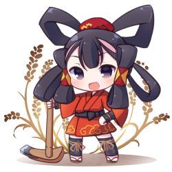Rule 34 | 1girl, :d, black eyes, black hair, blush, brown footwear, chibi, commentary request, full body, hair rings, highres, hoe, holding, japanese clothes, kimono, long sleeves, looking at viewer, open mouth, red kimono, rensei, sakuna-hime, smile, solo, standing, tensui no sakuna-hime, waraji, white background, wide sleeves