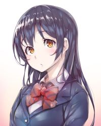 Rule 34 | 1girl, blazer, blue hair, bow, bowtie, collared shirt, gradient background, jacket, korezyanai, long hair, love live!, love live! school idol project, parted lips, red bow, red bowtie, shirt, solo, sonoda umi, striped bow, striped bowtie, striped clothes, striped neckwear, upper body, yellow eyes