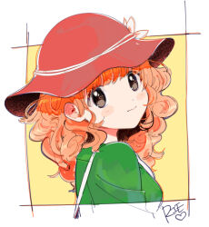 Rule 34 | 1girl, bag, blush stickers, brown eyes, character name, closed mouth, curly hair, flower, green shirt, hat, hat flower, heart, heart in eye, orange hair, pop&#039;n music, red hat, rie-chan, sgwyi, shirt, solo, symbol in eye, unfinished, upper body
