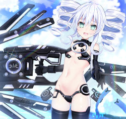 Rule 34 | 1girl, bare shoulders, black sister, bodysuit, boots, breasts, choujigen game neptune mk2, cleavage, cloud, drill hair, giga-tera, gloves, green eyes, gun, hair between eyes, happy, highres, long hair, navel, neptune (series), open mouth, power symbol-shaped pupils, sky, small breasts, solo, symbol-shaped pupils, thighs, tsundere, twin drills, twintails, uni (neptunia), weapon, white hair