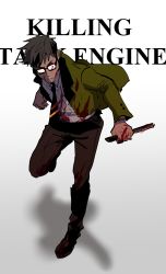 Rule 34 | bad id, bad twitter id, black hair, blazer, blood, blood on clothes, english text, full body, glasses, gradient background, henry the green engine, highres, jacket, kendy (revolocities), knife, male focus, opaque glasses, personification, school uniform, short hair, simple background, solo, thomas the tank engine