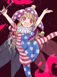 Rule 34 | 1girl, :d, american flag dress, american flag legwear, arms up, artist name, bare arms, blonde hair, blue nails, clownpiece, commentary request, dress, facepaint, fairy wings, feet out of frame, fire, hat, highres, holding, horizontal-striped dress, horizontal-striped legwear, jester cap, leg up, light particles, long hair, looking at viewer, m/, nail polish, neck ruff, open mouth, pantyhose, pink eyes, polka dot, polka dot headwear, purple hat, red nails, ringed eyes, short dress, short hair, signature, sketch, smile, solo, star (symbol), star print, striped clothes, striped dress, striped pantyhose, thighs, torch, touhou, toutenkou, wings