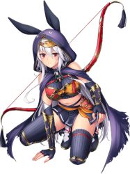 Rule 34 | 1girl, animal ears, between legs, black gloves, black skirt, black thighhighs, blush, bow (weapon), breasts, closed mouth, elbow gloves, fake animal ears, fingerless gloves, full body, game cg, gloves, hair between eyes, hand between legs, kneeling, large breasts, long hair, midriff, miniskirt, navel, official art, pleated skirt, rabbit ears, side slit, silver hair, skirt, solo, stomach, striped clothes, striped thighhighs, taishi ci (tokimeki general girls x), thighhighs, tokimeki general girls x, transparent background, vertical-striped clothes, vertical-striped thighhighs, very long hair, weapon, zettai ryouiki