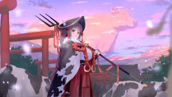 Rule 34 | 1girl, animal, animal ears, animal print, blue sky, braid, breasts, brown eyes, brown hair, chinese zodiac, cow, cow ears, cow girl, cow horns, cow print, day, flower knot, from side, giant, hakama, hakama skirt, hand up, hat, highres, holding, horns, horns through headwear, japanese clothes, large breasts, long hair, looking at viewer, looking to the side, multiple torii, open mouth, original, outdoors, oversized animal, polearm, red skirt, sideways glance, skirt, sky, solo, torii, trident, wasabi60, weapon, year of the ox