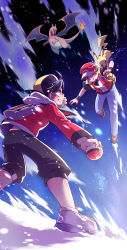 Rule 34 | 2boys, backpack, backwards hat, bag, baseball cap, black hair, black pants, black wristband, capri pants, charizard, commentary request, creatures (company), electricity, ethan (pokemon), eye contact, flame-tipped tail, game freak, gen 1 pokemon, hat, highres, holding, holding poke ball, jacket, kipam, legs apart, long sleeves, looking at another, looking up, male focus, multiple boys, nintendo, pants, pikachu, poke ball, poke ball (basic), pokemon, pokemon (creature), pokemon hgss, pokemon on arm, red (pokemon), short sleeves, snow, teeth, vs seeker, wristband