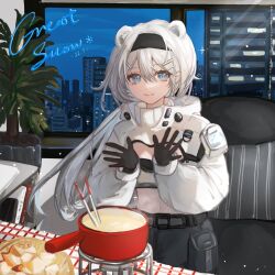 Rule 34 | 1girl, animal ear fluff, animal ears, arknights, aurora (arknights), azhenhgu, basket, bear ears, black gloves, black hairband, blue eyes, building, chair, chinese commentary, cityscape, closed mouth, commentary request, cooking pot, cowboy shot, food, gloves, grey shorts, grey tube top, hair between eyes, hairband, highres, indoors, jacket, long sleeves, looking at viewer, navel, night, night sky, open clothes, open jacket, plant, portable stove, potted plant, short hair, shorts, sky, skyscraper, smile, soup, tube top, white hair, white jacket