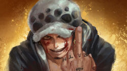 Rule 34 | 1boy, black hair, blood, blood on face, commentary request, earrings, facial hair, finger tattoo, fur hat, goatee, hand tattoo, hat, hat over one eye, jewelry, ljjshmhday, looking at viewer, male focus, middle finger, one piece, open mouth, short hair, sideburns, smile, solo, tattoo, teeth, trafalgar law