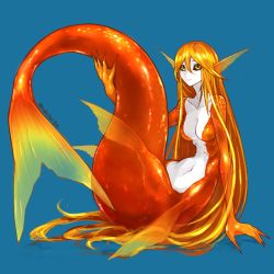 Rule 34 | 1girl, black sclera, blue background, closed mouth, colored sclera, colored skin, completely nude, fingernails, fins, full body, head fins, highres, holding own tail, holding tail, long hair, looking at viewer, mermaid, monster girl, nude, orange eyes, orange hair, orange scales, orange skin, original, ruteko (ruko220), scales, sharp fingernails, simple background, smile, solo, tail, tail raised, twitter username, very long hair, webbed hands, white skin, yellow eyes