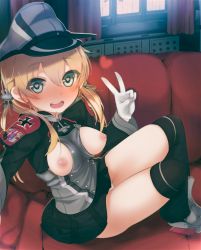 Rule 34 | 10s, 1girl, bad id, bad pixiv id, between breasts, blonde hair, blue eyes, breasts, breasts out, clothes between breasts, couch, cross, gloves, hair ornament, hat, heart, heart-shaped pupils, hokohoko momoko, iron cross, kantai collection, long hair, medium breasts, nipples, open mouth, panties, peaked cap, pleated skirt, prinz eugen (kancolle), reaching, reaching towards viewer, selfie, sitting, skirt, smile, solo, symbol-shaped pupils, twintails, underwear, v, white panties