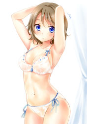 Rule 34 | 10s, 1girl, armpits, arms behind head, arms up, blue eyes, blush, bra, breasts, brown hair, cleavage, cowboy shot, curtains, lingerie, looking at viewer, love live!, love live! sunshine!!, medium breasts, navel, nikoo, panties, parted lips, short hair, solo, underwear, watanabe you, white bra, white panties, window