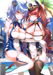 Rule 34 | 2girls, absurdres, ahoge, argyle, argyle clothes, argyle cutout, azur lane, bare shoulders, black legwear, black ribbon, blue hair, blush, breasts, chain, chinese clothes, cleavage, clothing cutout, collar, day, dress, elbow gloves, garter straps, gloves, hair ribbon, hat, highres, honolulu (azur lane), large breasts, long hair, looking at viewer, metal collar, mirei, multiple girls, outdoors, palm tree, peaked cap, purple eyes, red eyes, red hair, ribbon, scan, scan artifacts, sidelocks, smile, st. louis (azur lane), taut clothes, taut dress, thighhighs, tree, twintails, underboob cutout, v, white gloves, white legwear