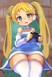 Rule 34 | 1girl, absurdres, blonde hair, blue dress, controller, dress, headphones, headset, highres, holding, holding controller, looking at viewer, rta-chan, rta in japan, sleeveless, sleeveless dress, solo, thighhighs, thighs, twintails, yaibaken