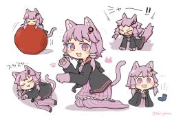 Rule 34 | &gt; &lt;, 1girl, :3, animal ears, animal hands, black hoodie, blush, cat day, cat ears, chibi, commentary request, criss-cross halter, dress, ebi gohan, fang, halter dress, halterneck, highres, hissing, hood, hood down, hoodie, kemonomimi mode, long sleeves, multiple views, on ball, open clothes, open hoodie, open mouth, paw pose, playing, purple dress, purple eyes, purple hair, purple thighhighs, red hoodie, ribbed dress, ribbed thighhighs, short hair with long locks, simple background, sleeping, thighhighs, twitter username, two-tone hoodie, unworn socks, v-shaped eyebrows, vocaloid, voiceroid, white background, yuzuki yukari