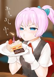 Rule 34 | 1girl, absurdres, birthday cake, black vest, blowing candle, blue eyes, cake, candle, chair, food, fruit, gloves, half-closed eyes, highres, kantai collection, kutouten, pink hair, plate, ponytail, shiranui (kancolle), solo, strawberry, sweatdrop, table, translation request, vest, white gloves