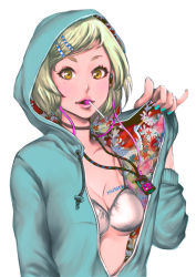 Rule 34 | 1girl, absurdres, bikini, blonde hair, breasts, candy, choker, cleavage, earphones, face, food, hair ornament, hairclip, highres, hood, hoodie, jewelry, lips, lollipop, nail polish, necklace, original, simple background, small breasts, solo, swimsuit, tattoo, white background, wyx2, yellow eyes