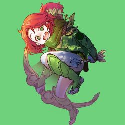Rule 34 | 1girl, :d, arrow (projectile), bow (weapon), dota (series), dota 2, edich, full body, gauntlets, green background, green eyes, green footwear, green neckwear, green shirt, holding, holding arrow, holding bow (weapon), holding weapon, long hair, looking at viewer, open mouth, orange hair, ponytail, quiver, scarf, shirt, simple background, smile, solo, teeth, toeless footwear, toes, weapon, windranger (dota)