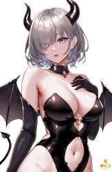 Rule 34 | 1girl, bare shoulders, black gloves, breasts, cleavage, clothing cutout, collarbone, demon horns, demon tail, demon wings, elbow gloves, eyes visible through hair, gloves, grey eyes, grey hair, hair over one eye, highres, horns, infinote, large breasts, looking at viewer, navel, navel cutout, original, parted lips, sashou mihiro (infinote), short hair, simple background, solo, tail, white background, wings