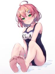 Rule 34 | 1girl, absurdres, ahoge, alternate costume, bandaid on thigh, bare shoulders, barefoot, between toes, blue one-piece swimsuit, blush, breasts, cleavage, closed mouth, collarbone, eyeliner, feet, full body, gradient background, green eyes, grey background, hair ornament, highres, hololive, knees apart feet together, knees up, large breasts, legs, makeup, medium hair, one-piece swimsuit, parted bangs, pink hair, sakura miko, shadow, sitting, soles, solo, spread toes, swimsuit, thighs, tmo-cat, toes, virtual youtuber, wet, white background