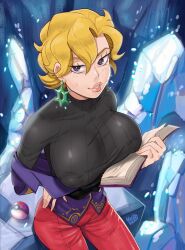 Rule 34 | 1girl, absurdres, black sweater, blonde hair, book, breasts, briar (pokemon), creatures (company), earrings, game freak, hand on own hip, highres, holding, holding book, hoop earrings, ice, jacket, jewelry, large breasts, lips, looking at viewer, nagainosfw, nintendo, off shoulder, open book, pants, poke ball, poke ball (basic), pokemon, pokemon sv, purple eyes, purple jacket, red pants, ribbed sweater, short hair, solo, sweater, sweater under jacket, taut clothes, taut sweater, turtleneck, turtleneck sweater