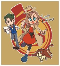 Rule 34 | 1boy, 1girl, :d, beagle, blue eyes, blush, blush stickers, bow, bowtie, brown eyes, brown hair, coat, copyright name, dog, ernest greeves, eyelashes, full body, green hair, hairband, hat, highres, katrielle layton, layton&#039;s mystery journey, long hair, looking at another, looking at viewer, mini hat, mini top hat, open clothes, open coat, open mouth, pinstripe pattern, pointing, professor layton, sharo, sherl, smile, striped, sweatdrop, top hat, undersyaro, waistcoat