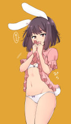 Rule 34 | 1girl, animal ears, blunt bangs, blush, bow, bow bra, bow panties, bra, clothes lift, commentary, covered mouth, crotch seam, dress, dress lift, flashing, flat chest, groin, highres, inaba tewi, ippongui, lifted by self, looking at viewer, navel, orange background, panties, pink dress, pink eyes, puffy short sleeves, puffy sleeves, rabbit ears, rabbit girl, rabbit tail, short hair, short sleeves, simple background, smelling, solo, stomach, tail, thighs, touhou, translated, underwear, white panties, yellow background