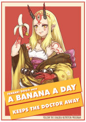 Rule 34 | 1girl, arm tattoo, banana, bare shoulders, beads, border, commentary, english commentary, english text, facial tattoo, fate/grand order, fate (series), fingernails, food, forehead, fruit, hand tattoo, highres, holding, holding food, holding fruit, horns, ibaraki douji (fate), japanese clothes, kimono, kuon (kwonchanji), lips, neck tattoo, obi, off shoulder, oni, oni horns, prayer beads, public service announcement, sash, sharp fingernails, shorts, shoulder tattoo, signature, slit pupils, solo, tattoo, third eye, tusks, yellow eyes, yellow kimono