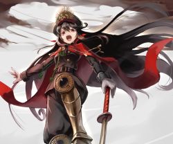 Rule 34 | 1girl, belt, black hair, black hat, boots, cape, commentary request, crest, family crest, fate (series), from below, gloves, hat, japanese clothes, knee up, koha-ace, long hair, long sleeves, looking at viewer, military, military uniform, oda nobunaga (fate), oda nobunaga (koha-ace), planted, planted sword, planted weapon, red cape, red eyes, solo, sue sgr u, sword, uniform, weapon, white gloves