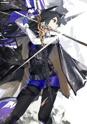 Rule 34 | 1girl, absurdres, animal ears, arknights, artist name, black cape, black hair, black pantyhose, black vest, blocking, blue gloves, blue necktie, blue shorts, breasts, cape, collared shirt, feet out of frame, fingerless gloves, gloves, gohanduck, highres, holding, holding sword, holding weapon, long hair, long sleeves, necktie, official alternate costume, pantyhose, pantyhose under shorts, shirt, shorts, simple background, small breasts, solo, standing, sword, texas (arknights), texas the omertosa (arknights), torn clothes, torn pantyhose, vest, weapon, white background, white shirt, wolf, wolf ears, wolf girl, yellow eyes