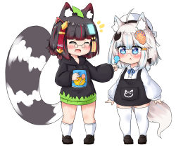Rule 34 | 2girls, :d, ^ ^, animal ear fluff, animal ears, bailingxiao jiu, black-framed eyewear, black bow, black dress, black footwear, black hair, black hoodie, blue eyes, blue hair, blush, bow, braid, candy, closed eyes, collared shirt, drawstring, dress, dress shirt, drooling, fang, food, fox ears, fox girl, fox hair ornament, fox tail, glasses, hair between eyes, hair bow, heart, heart-shaped pupils, highres, holding, holding candy, holding food, holding lollipop, hood, hood down, hoodie, leaf, leaf on head, loafers, lollipop, long sleeves, multiple girls, notice lines, open mouth, original, parted lips, pince-nez, puffy long sleeves, puffy sleeves, raccoon ears, raccoon girl, raccoon tail, red-framed eyewear, red hair, saliva, shirt, shoes, side braid, silver hair, simple background, single braid, sleeveless, sleeveless dress, sleeves past wrists, smile, socks, standing, symbol-shaped pupils, tail, thighhighs, white background, white legwear, white shirt