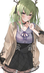 Rule 34 | 1girl, absurdres, antlers, blouse, cardigan, casual, ceres fauna, ceres fauna (jirai kei), choker, cleavage cutout, clothing cutout, earrings, finger to face, green hair, hair between eyes, hair ribbon, heart, heart choker, high-waist skirt, highres, hololive, hololive english, horns, jewelry, leaf, looking at viewer, mole, mole under eye, nail polish, official alternate costume, red nails, ribbon, shirt, simple background, skirt, smile, solo, takida 185, two side up, virtual youtuber, white background, yellow eyes