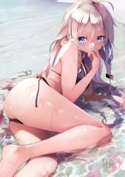 Rule 34 | artist name, bare arms, bare legs, beach, bikini, black bikini, blue eyes, braid, commentary, covering own mouth, day, english commentary, hair between eyes, hand over own mouth, highres, ia (vocaloid), legs, long hair, looking at viewer, lying, ocean, on side, outdoors, partially submerged, silver hair, solo, swimsuit, takepon1123, thighs, twin braids, vocaloid, wet