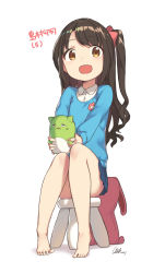 Rule 34 | 1girl, :d, absurdres, aged down, barefoot, black hair, blue sweater, blush, bow, brown eyes, cloba, female focus, full body, hair bow, half updo, highres, holding, holding stuffed toy, idolmaster, idolmaster cinderella girls, long hair, long sleeves, looking at viewer, microskirt, one side up, open mouth, parted bangs, pleated skirt, red bow, shimamura uzuki, simple background, sitting, skirt, smile, solo, stool, stuffed animal, stuffed rabbit, stuffed toy, sweater, tiptoes, toes, wavy hair, white background