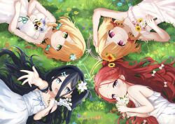 4girls absurdly_long_hair absurdres alternate_costume aqua_bow aqua_halo aris_(blue_archive) bare_shoulders black_hair black_hairband blonde_hair blue_archive blue_eyes blue_flower blush bouquet bow braid commentary_request dress flower forehead grass green_bow green_eyes green_flower green_halo hair_between_eyes hair_bow hair_flower hair_ornament hairband half_crown_braid halo hand_on_own_head highres holding holding_bouquet holding_flower long_hair long_hair_between_eyes looking_at_viewer lying midori_(blue_archive) momoi_(blue_archive) multiple_girls on_back on_grass on_side one_side_up open_mouth pink_dress pink_flower pink_halo purple_eyes purple_flower reaching reaching_towards_viewer rectangular_halo red_bow red_hair ringed_eyes short_hair siblings sisters sleeveless smile sundress twins uro30 very_long_hair watermark white_bow white_dress white_flower yellow_flower yellow_halo yuzu_(blue_archive)