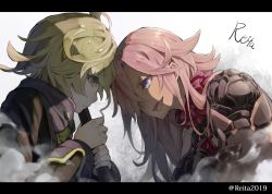 Rule 34 | 1boy, 1girl, black border, black gloves, blue eyes, border, choker, cinderella (sinoalice), closed mouth, dark-skinned female, dark skin, fang, frills, gloves, green eyes, green hair, highres, holding, holding weapon, hoshizaki reita, letterboxed, long sleeves, looking at another, open mouth, pinocchio (sinoalice), scared, short hair, signature, sinoalice, staff, taunting, twitter username, weapon