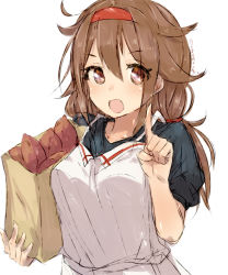 Rule 34 | 1girl, alchera, bag, black shirt, blouse, brown eyes, brown hair, dress, food, hair flaps, hairband, index finger raised, kantai collection, long hair, looking at viewer, low twintails, orange hairband, paper bag, shiratsuyu (kancolle), shirt, simple background, smile, solo, sweet potato, twintails, upper body, white background, white dress