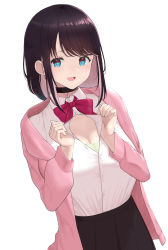 Rule 34 | 1girl, alternate breast size, black choker, black hair, black skirt, blue eyes, bow, bowtie, breasts, choker, cleavage, collared shirt, dress shirt, fang, highres, huge breasts, jacket, kaga nazuna, long hair, long sleeves, looking at viewer, multicolored hair, open clothes, open jacket, open mouth, open shirt, pink hair, pink jacket, pleated skirt, red bow, shirt, shumichi, simple background, skin fang, skirt, smile, solo, swept bangs, virtual youtuber, vspo!, white background, white shirt