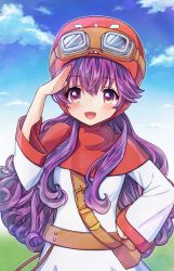 Rule 34 | 1girl, belt, blue sky, blush, cloud, cloudy sky, curly hair, dragon quest, dragon quest ii, goggles, goggles on head, hand on own hip, happy, hat, highres, long hair, moon setuna, open mouth, outdoors, princess of moonbrook, purple eyes, purple hair, robe, salute, sky, solo, strap, white robe