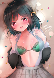 Rule 34 | 1girl, artist name, artist request, bed, bikini, black cardigan, black hair, black jacket, blue hair, bow, bowtie, breasts, buttons, cardigan, checkered clothes, checkered skirt, cleavage, close-up, collarbone, collared shirt, dark blue hair, dark green hair, embarrassed, green bikini, hair between eyes, hair bow, hair ribbon, highres, jacket, kihaku, looking at viewer, love live!, love live! nijigasaki high school idol club, medium breasts, mifune shioriko, miniskirt, neck ribbon, nijigasaki academy school uniform, on bed, open clothes, orange eyes, parted lips, plaid, plaid skirt, pleated, pleated skirt, red eyes, ribbon, school uniform, shirt, short hair, skirt, smile, solo, swimsuit, white shirt, white skirt, wing collar, yellow bow, yellow ribbon