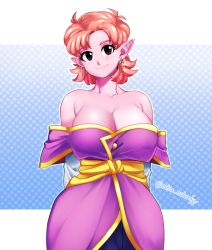 Rule 34 | 1girl, absurdres, aka nobodyy, bare shoulders, breasts, chronoa, cleavage, closed mouth, collarbone, colored skin, detached sleeves, dragon ball, dragon ball xenoverse, dress, earrings, highres, jewelry, large breasts, looking at viewer, orange hair, pink skin, pointy ears, potara earrings, prototype design, purple dress, short hair, smile, solo, supreme kai of time, twitter username