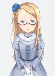 Rule 34 | 1girl, absurdres, blue eyes, blue scrunchie, bow, dddomatesu, dress, glasses, grey bow, grey dress, hair ornament, hair scrunchie, highres, jewelry, light smile, long hair, looking at viewer, mary (princess principal), necklace, own hands together, princess principal, scrunchie, semi-rimless eyewear, simple background, solo
