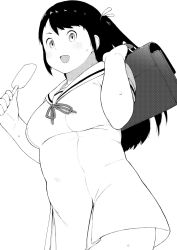 Rule 34 | 1girl, accio, bag, belly, breasts, eating, food, greyscale, hair ribbon, highres, long hair, looking at viewer, medium breasts, monochrome, navel, open mouth, plump, popsicle, ribbon, solo, tanuma miyuki, twintails, uniform