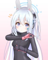 Rule 34 | animal ears, black bodysuit, black bow, blue archive, bodysuit, bow, braid, breasts, closed mouth, dot mouth, fake animal ears, french braid, gloves, gradient background, hair between eyes, hair bow, headgear, highres, langley1000, light blush, long hair, looking at viewer, miyako (blue archive), one side up, purple eyes, silver hair, small breasts, turtleneck, upper body