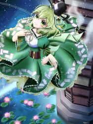 Rule 34 | 1girl, black hat, closed mouth, flower, ghost tail, green eyes, green hair, hat, highres, lily pad, looking at viewer, ofuda, ofuda on clothes, outdoors, pink flower, short hair, short sleeves, sky, smile, soga no tojiko, solo, star (sky), starry sky, tate eboshi, touhou, yuriri2001