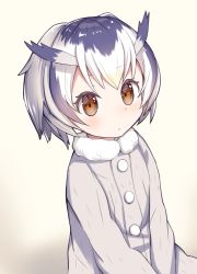 Rule 34 | 10s, 1girl, black hair, brown eyes, buttons, coat, expressionless, fur collar, gradient background, haruno suzune, head wings, kemono friends, long sleeves, looking at viewer, multicolored hair, northern white-faced owl (kemono friends), short hair, solo, two-tone hair, v arms, white hair, wings